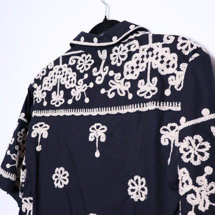 MAEVE Short Sleeve Collared Mini Shirt Dress Black Embroidered Casual Women's XS