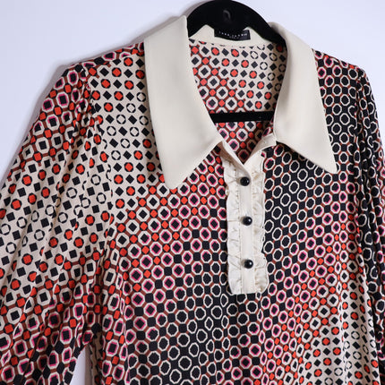 TARA JARMON Reyri Mini Dress Ecru Graphic Print Long Sleeve Women's 42/US L