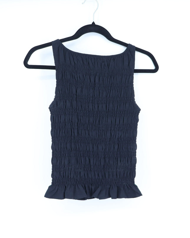 Peachy Den Deba Top Onyx Black Smocked Peplum Hem Sleeveless Tank Women's S