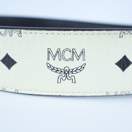 MCM Claus M Reversible Belt In Visetos White Gold Logo Print Men's S
