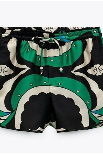 ZARA NWT Printed High Waisted Bermuda Shorts Green Black Pull On Women's S