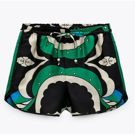 ZARA NWT Printed High Waisted Bermuda Shorts Green Black Pull On Women's S