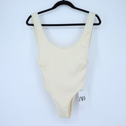 Zara Ribbed One Piece Swimsuit Butter Yellow NWT Plunge Neck High Hip Women's S