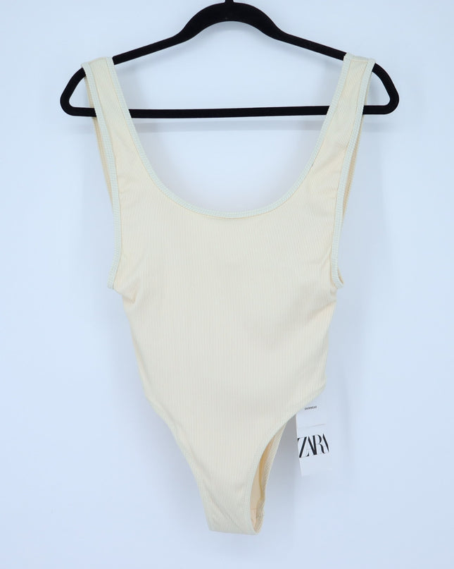 Zara Ribbed One Piece Swimsuit Butter Yellow NWT Plunge Neck High Hip Women's S