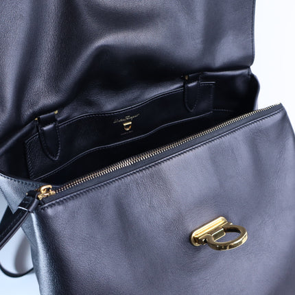SALVATORE FERRAGAMO Trifolio Leather Backpack Black Top Handle Convertible