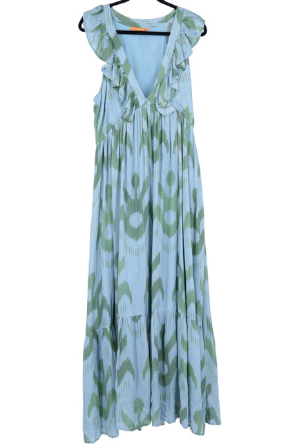 OLIPHANT Ruffle V-Neck Maxi Dress Chitka Blue Green Printed Sleeveless Women's L