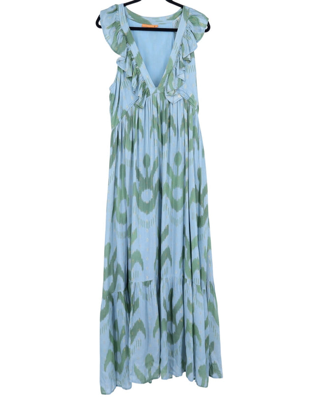 OLIPHANT Ruffle V-Neck Maxi Dress Chitka Blue Green Printed Sleeveless Women's L