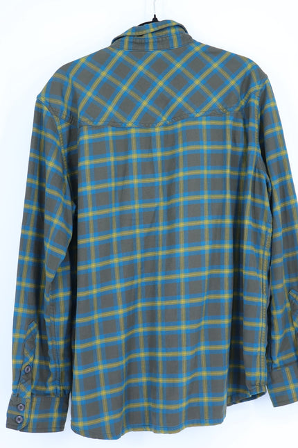 STIO Plaid Flannel Button Up Shirt Brown and Yellow Cotton Long Sleeve Men's L