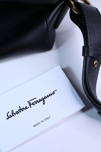 SALVATORE FERRAGAMO Trifolio Leather Backpack Black Top Handle Convertible