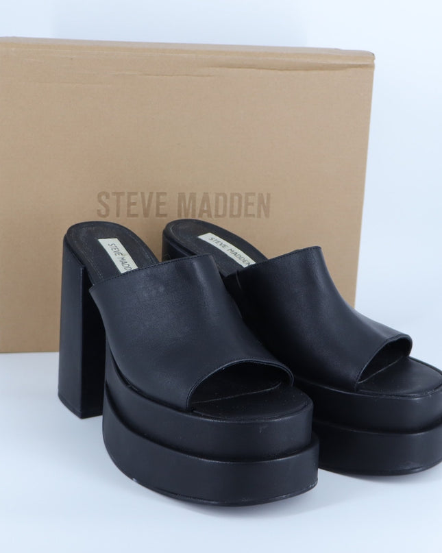Steve Madden Cagey Heeled Sandals Black Leather Platform Slip On Women's 10M