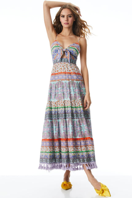 ALICE + OLIVIA Minka Tassel Fringe Maxi Dress Ritzy Multi Tie Front Women's 8