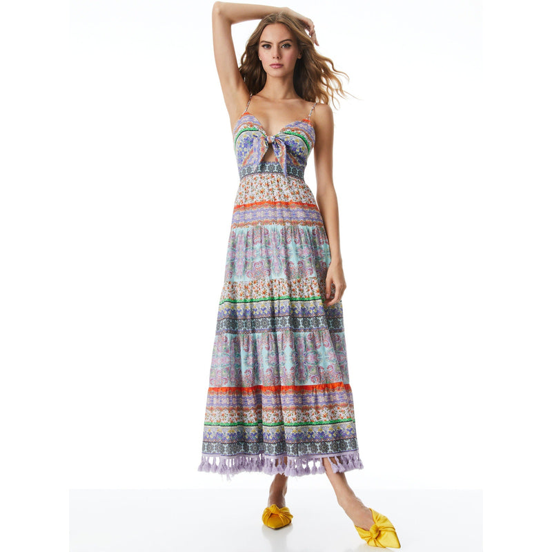 ALICE + OLIVIA Minka Tassel Fringe Maxi Dress Ritzy Multi Tie Front Women's 8