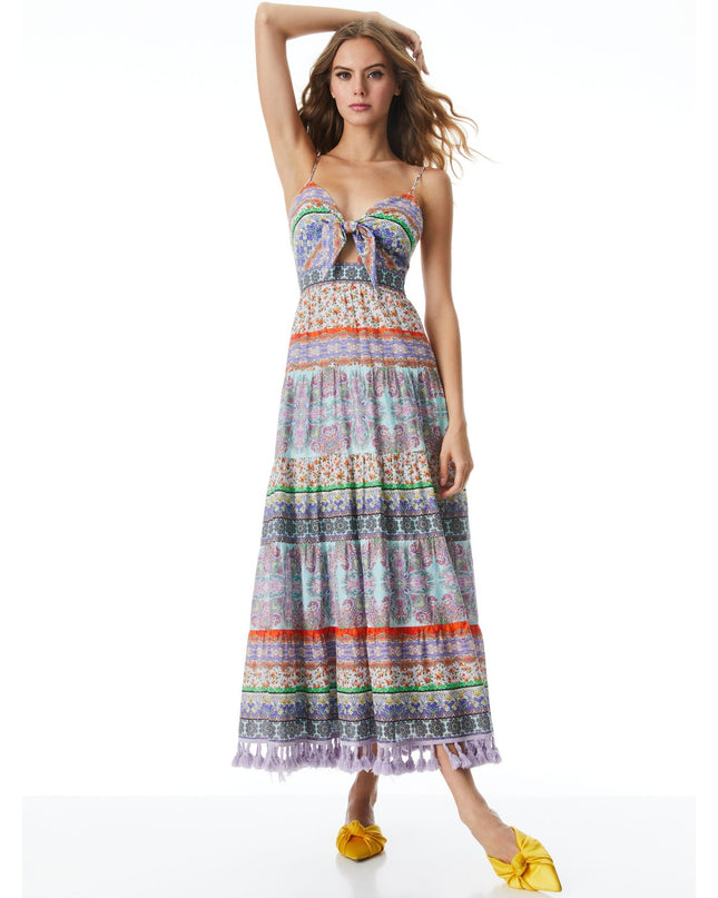 ALICE + OLIVIA Minka Tassel Fringe Maxi Dress Ritzy Multi Tie Front Women's 8