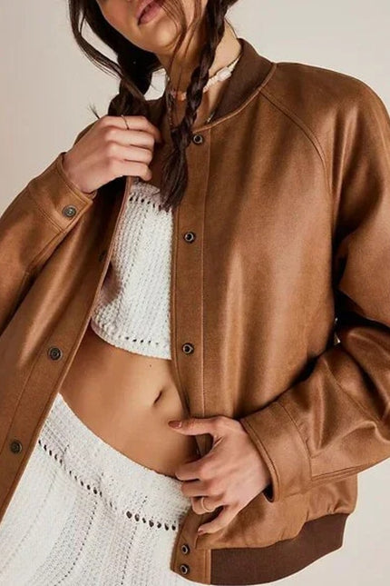 WE THE FREE Wild Rose Vegan Suede Bomber Jacket Chestnut Combo Women's S
