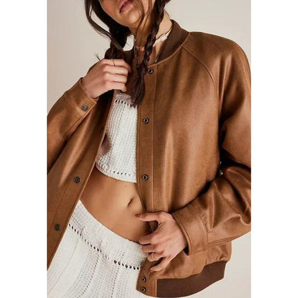 WE THE FREE Wild Rose Vegan Suede Bomber Jacket Chestnut Combo Women's S
