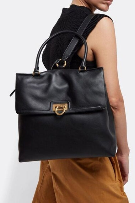 SALVATORE FERRAGAMO Trifolio Leather Backpack Black Top Handle Convertible