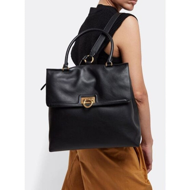 SALVATORE FERRAGAMO Trifolio Leather Backpack Black Top Handle Convertible