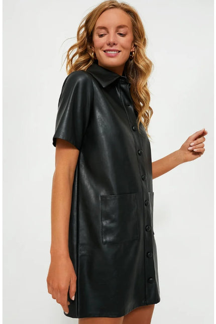 TUCKERNUCK NWT Leather Violetta Shirt Dress Black Short Sleeves Women's M