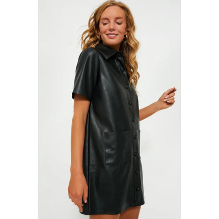 TUCKERNUCK Leather Violetta Shirt Dress NWT Black Short Sleeves Women's M