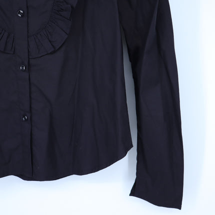 Mille Jolie Top Black Cotton Poplin Blouse Ruffled Bib Button Front Women's XS