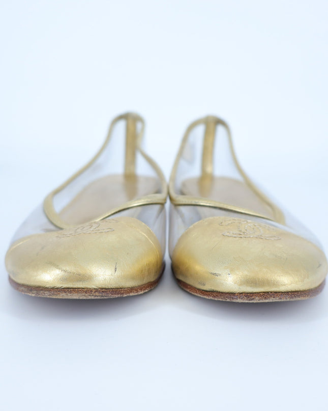 Chanel 2007 Interlocking CC Gold Ballet Flats Leather Almond Toe Women's 36/US 6