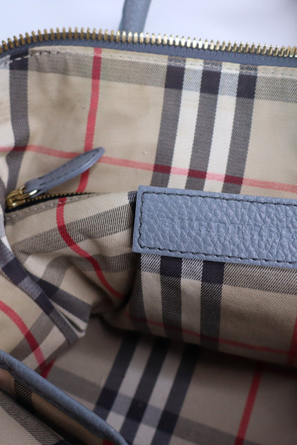 BURBERRY Greenwood Bowling Bag Grey Pebbled Leather with Plaid Lining Crossbody