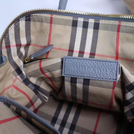 BURBERRY Greenwood Bowling Bag Grey Pebbled Leather with Plaid Lining Crossbody