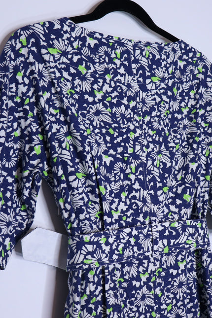 TANYA TAYLOR Coral Floral Linen Mini Dress Blue Belted Puff Sleeve Women's 4