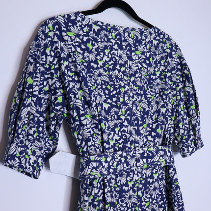 TANYA TAYLOR Coral Floral Linen Mini Dress Blue Belted Puff Sleeve Women's 4