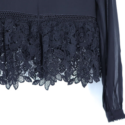 Self-Portrait Floral Guipure Blouse Black Lace Up Long Sleeve Women's 2