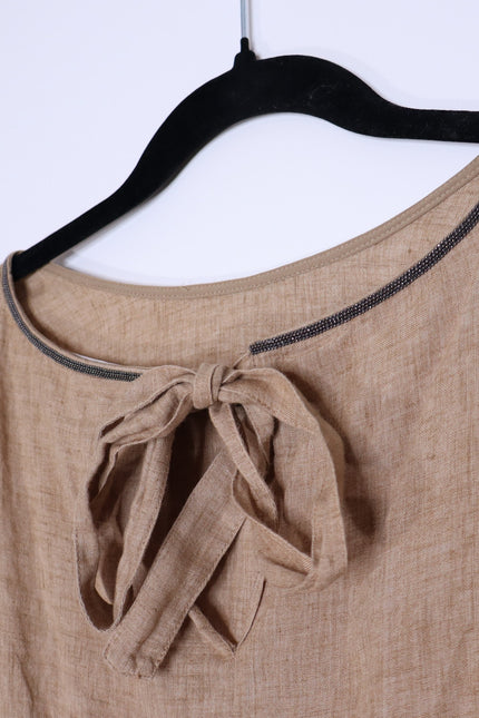 FABIANA FILIPPI Linen Tunic Top Fieno Brown Tie Up Back Sleeveless Women's 12/XL