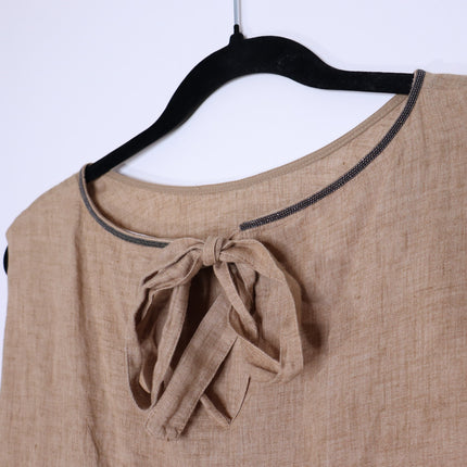 FABIANA FILIPPI Linen Tunic Top Fieno Brown Tie Up Back Sleeveless Women's 12/XL