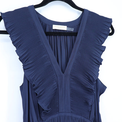 RAMY BROOK Camden Ruffle Maxi Dress Navy Blue Accordion Pleat V Neck Women's M
