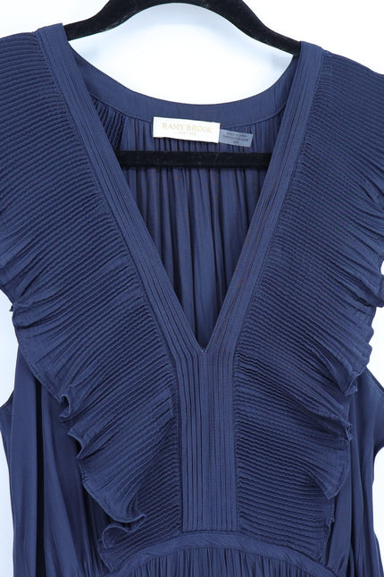 RAMY BROOK Camden Ruffle Maxi Dress Navy Blue Accordion Pleat V Neck Women's M