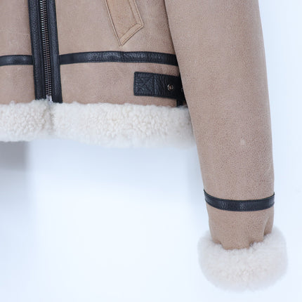 SAM Farryn Shearling Aviator Jacket Tan Black Leather Long Sleeve Coat Women's M