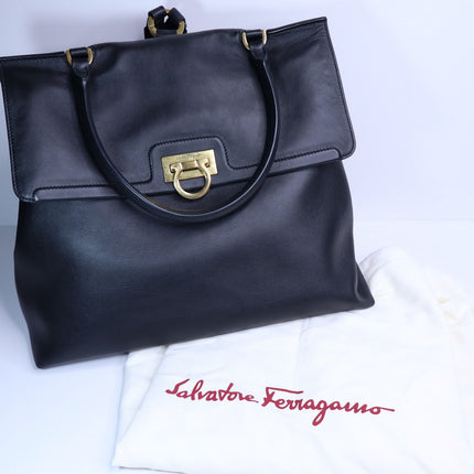SALVATORE FERRAGAMO Trifolio Leather Backpack Black Top Handle Convertible