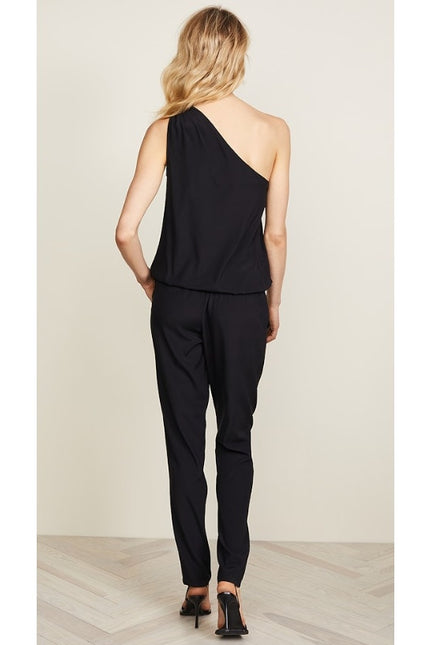RAMY BROOK Silk Lulu Jumpsuit Black One Shoulder Draped Sleeve Women's L