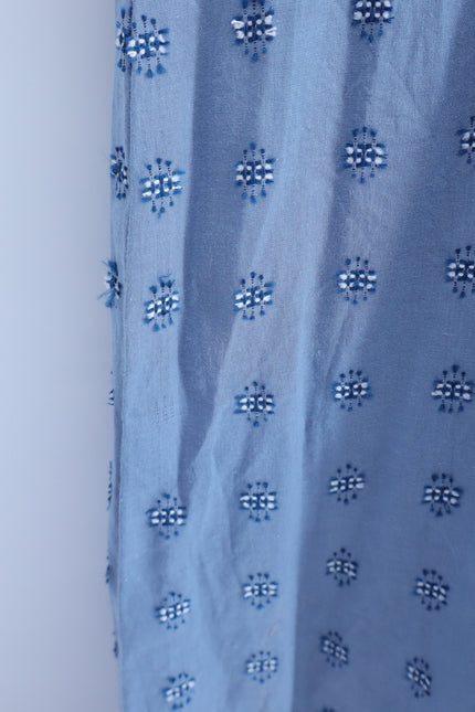 NEVER A WALLFLOWER High Neck Midi Dress Blue Cross Hatch Puff Sleeve Women's XS