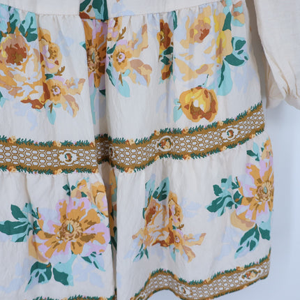 By Anthopologie Mini Shirt Dress Ivory Floral Panel Print Boho Women's XS
