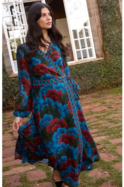 OLIPHANT Madrid Blue Wrap Dress NWT Floral Maxi Long Sleeve Women's M