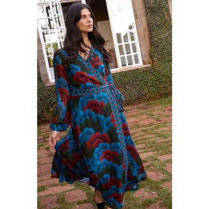 OLIPHANT Madrid Blue Wrap Dress NWT Floral Maxi Long Sleeve Women's M