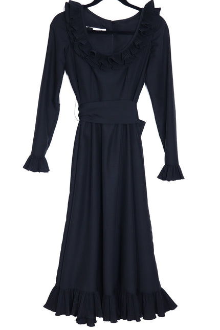 VICTOR COSTA Vintage 90s Midi Dress Black Ruffled Trim Long Sleeve Women's 4