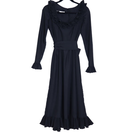 VICTOR COSTA Vintage 90s Midi Dress Black Ruffled Trim Long Sleeve Women's 4
