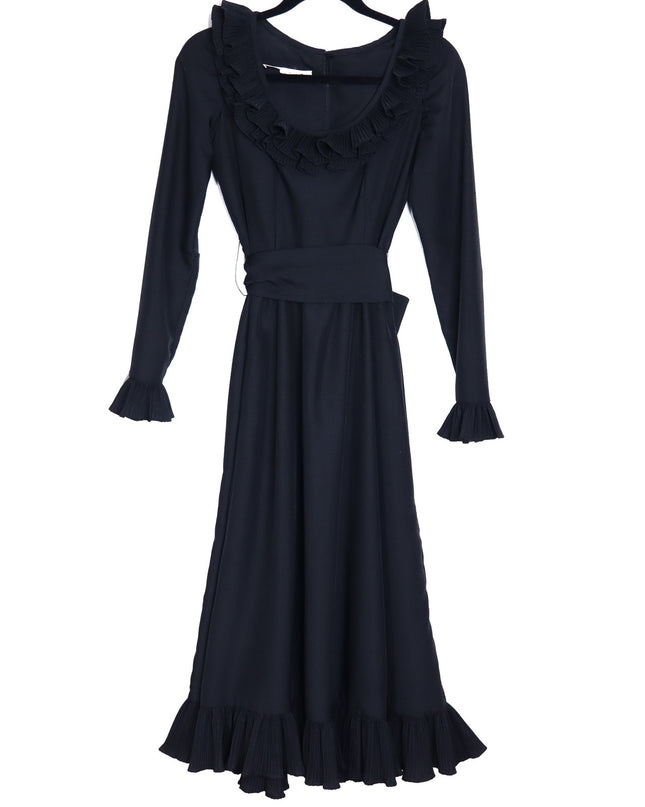VICTOR COSTA Vintage 90s Midi Dress Black Ruffled Trim Long Sleeve Women's 4