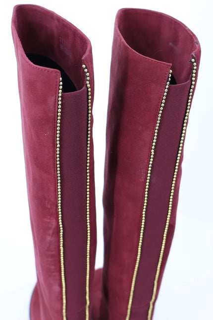 STUART WEITZMAN Back Talk Suede Knee High Boots Scarlet Red Gold Women's 5.5M