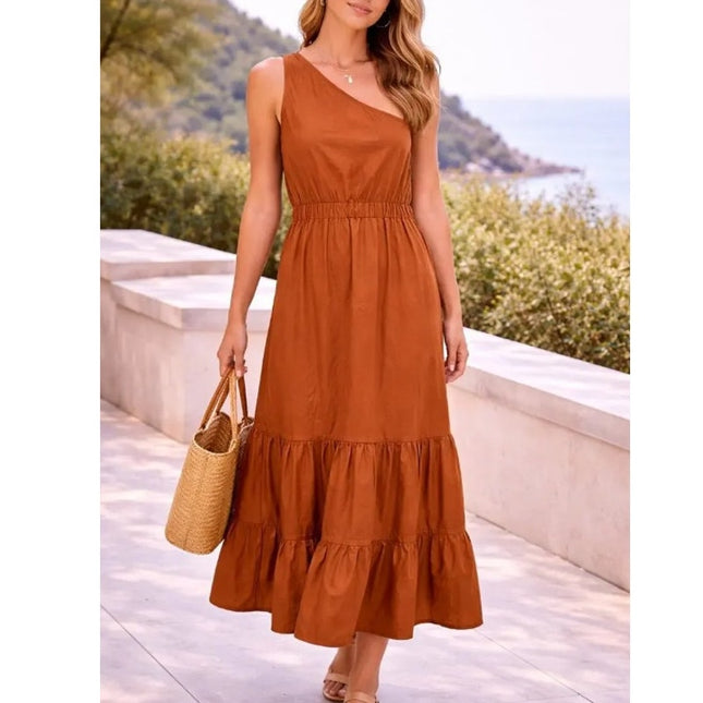 Cara Cara One Shoulder Tiered Maxi Dress Burnt Orange Cotton Women's S