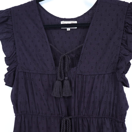 Mille Esme Midi Dress Black Textured Cotton Swiss Dot Tassel Tie Women's XS