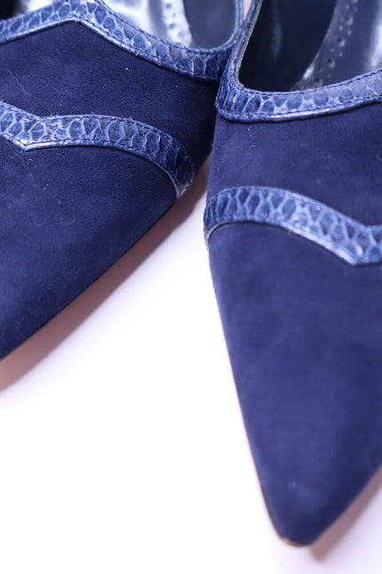 MANOLO BLAHNIK Monda Snake and Suede Pumps Navy Pointed Toe Heel Women's 38