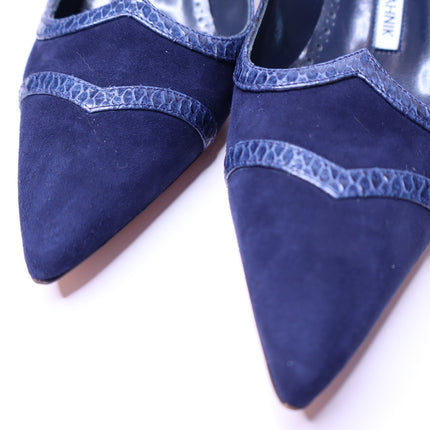 MANOLO BLAHNIK Monda Snake and Suede Pumps Navy Pointed Toe Heel Women's 38