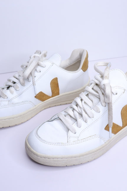VEJA V 12 Low Top Leather Sneakers White Camel Lace Up Casual Women's 6